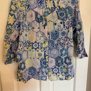 Talbots Blue and Yellow Geometric Floral Blouse